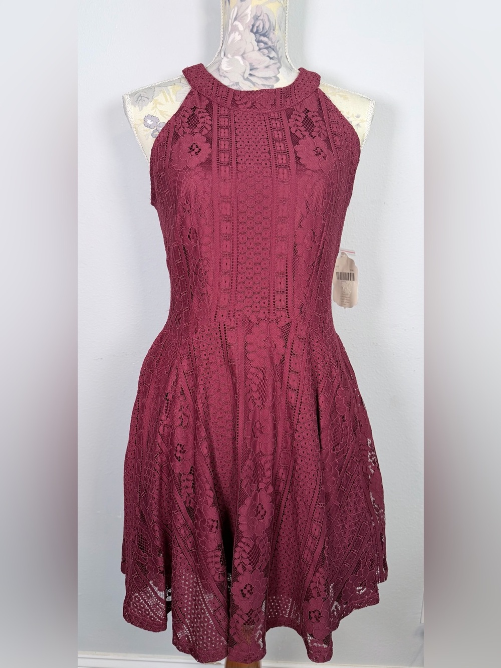 ALTAR’D STATE Burgundy Lace Fit & Flare Dress Small Boho Romantic Skater NWT